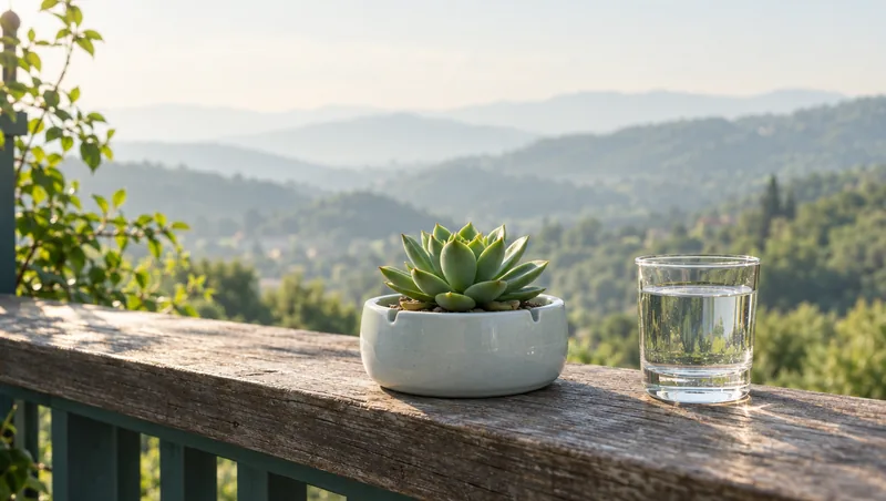A small mist-grey ceramic dish holding a fresh green succulent beside a glass of water on a weathered balcony rail, with hazy green hills in soft morning light, a fresh-start scene for the first weeks after quitting nicotine.
