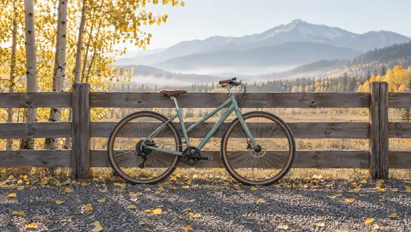 A pale teal-sage bicycle leaning against a weathered wooden fence on a crisp autumn morning, yellow aspen leaves on the gravel and mist lifting off the mountains behind: the start of a new routine.