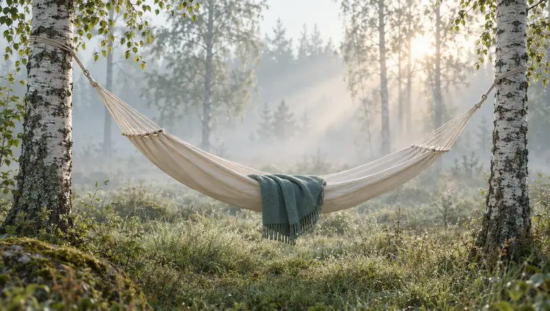 An empty cream hammock with a folded teal blanket strung between two birch trees in a misty forest clearing at dawn, a restful scene that still feels hazy, like waking up foggy after a full night's sleep.