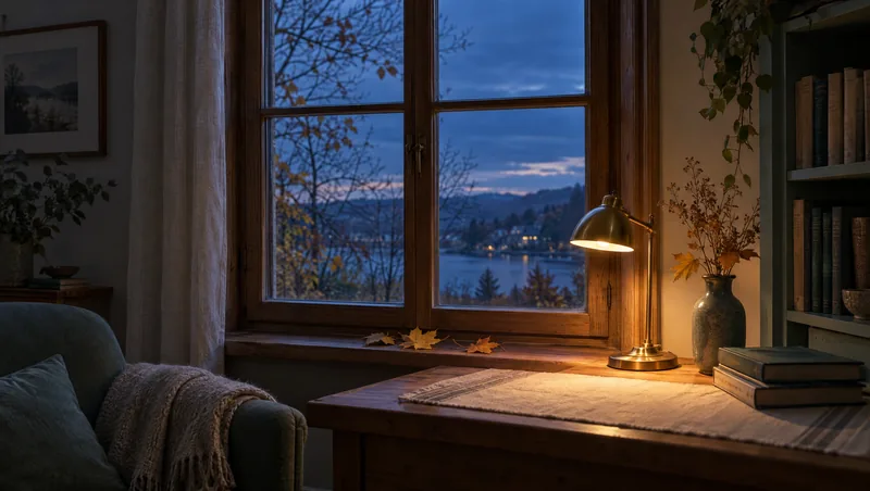A wooden window at early dusk in late autumn, the sky already deep blue over a lake and hills, with golden maple leaves on the sill and a brass desk lamp glowing warm on a linen runner, the early dark that comes with the fall clock change.