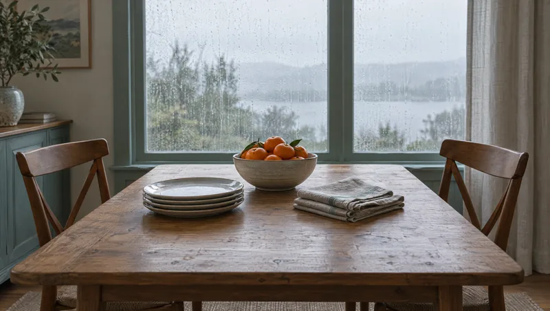 A wooden dining table on a grey, rainy morning, with a short stack of clean plates, folded linen napkins and a bowl of clementines, two chairs pushed back and a lake blurred behind a rain-streaked window: a quiet morning after an evening out.