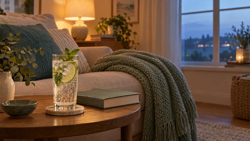 A cosy living room corner at dusk with a glass of sparkling water and mint beside a blanket and a book.