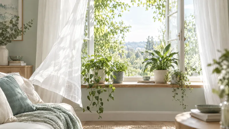 A bright room with an open window, sheer curtains lifting and houseplants on the sill.