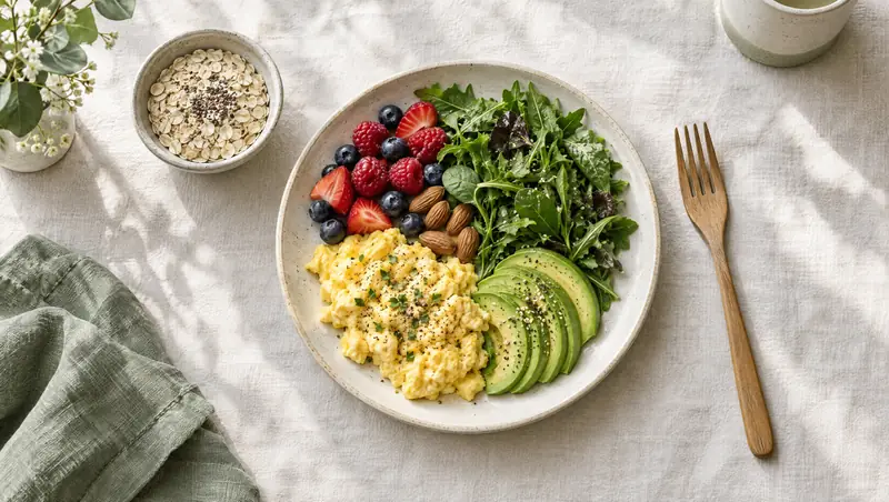 A plate of eggs, avocado, greens, berries and almonds on a linen cloth, seen from above.
