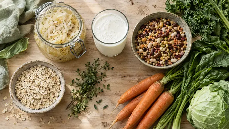 A kitchen board with fermented vegetables, kefir, beans, oats and fresh vegetables, seen from above.