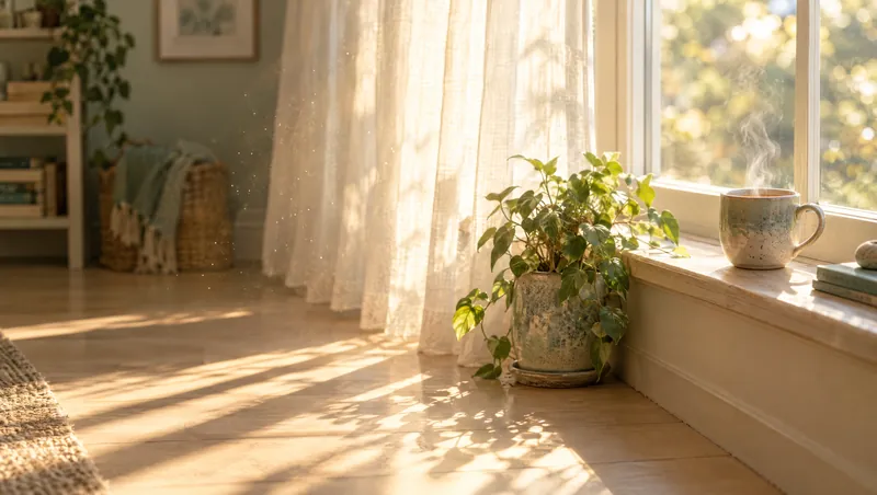 Morning sunlight across a wooden floor and a plant by a window, with a mug of tea on the sill.