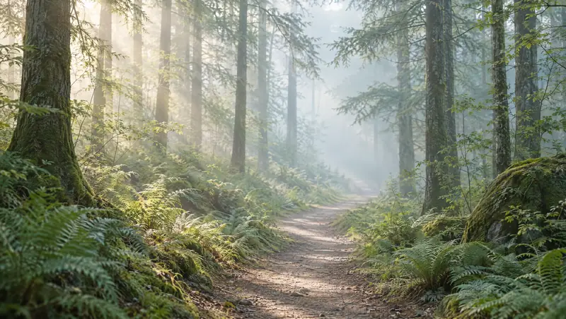 An empty forest trail winding through tall trees in soft morning mist.