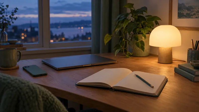 A wooden desk at dusk with a closed laptop, a phone face down, a small lamp and an open notebook.