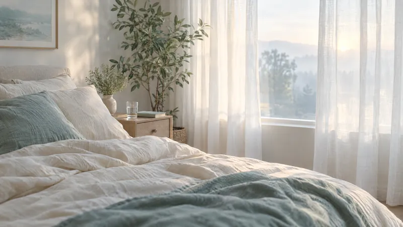 A calm bedroom at dawn with soft linen bedding, sheer curtains and a glass of water by the bed.