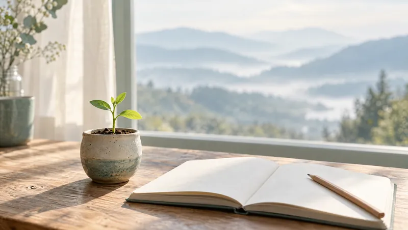A small seedling in a ceramic pot beside an open notebook on a sunlit table.