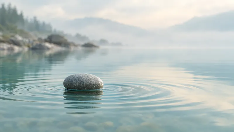 A smooth pebble resting on still water with soft ripples spreading outward.