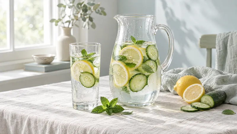 A glass pitcher of water with lemon and cucumber and a tall glass on a linen tablecloth.